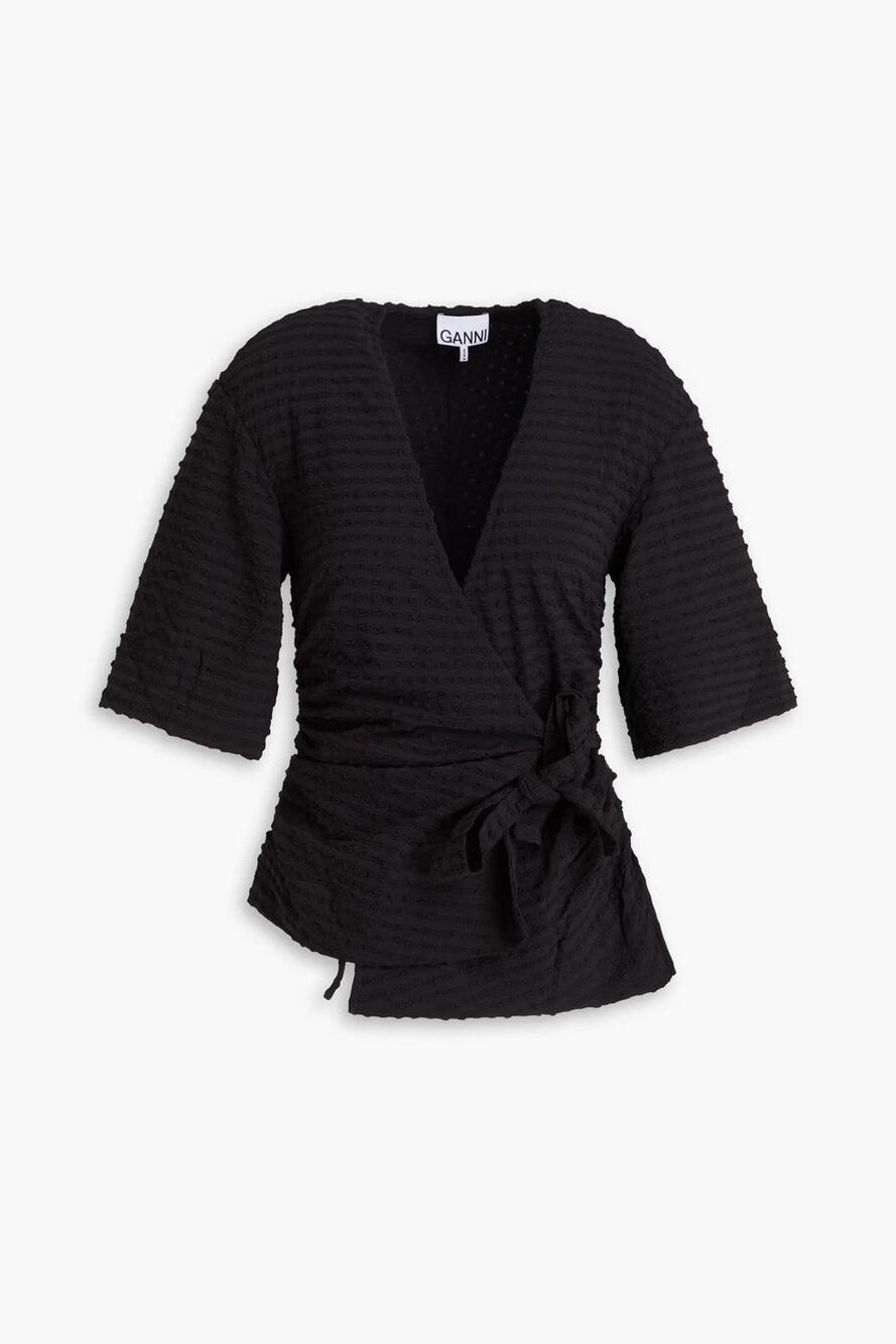 GANNI Stretch Seersucker Wrap Blouse in Black - 38